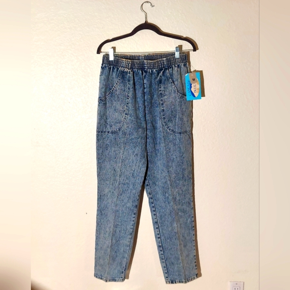 Cascade Blue Vtg Indigo Acid Wash High Rise Tapered Leg Denim Pant Size 14 Short